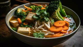 gesund Schüssel von Vegetarier Suppe mit Essstäbchen generiert durch ai foto