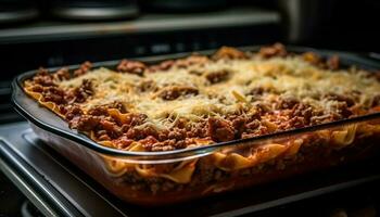 frisch gebacken Lasagne, Fleisch und Gemüse Kasserolle generiert durch ai foto