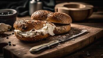 Gourmet gegrillt Cheeseburger auf rustikal Ciabatta Brot generiert durch ai foto