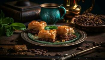 hausgemacht Baklava mit Honig Sirup und Walnüsse generiert durch ai foto