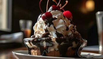 nachsichtig Schokolade Dessert mit frisch Obst Scheiben generiert durch ai foto