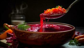 frisch Gemüse Suppe im rustikal hölzern Schalen generiert durch ai foto