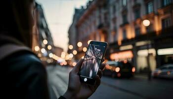 jung Erwachsene SMS im Stadt, halten Smartphones generiert durch ai foto