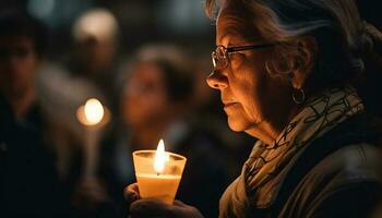 beten Erwachsene halten Kerze, beleuchtet durch Flamme generiert durch ai foto