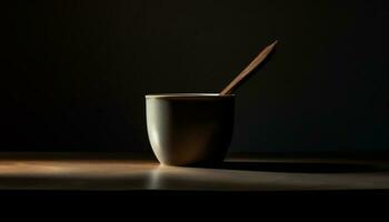 Kaffee Tasse auf Schwarz, Griff und Löffel generiert durch ai foto