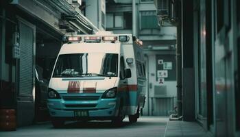 Notfall Fahrzeuge Geschwindigkeit zu Krankenhaus, Sirenen schmettern generiert durch ai foto