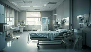 modern Krankenhaus Zimmer mit leeren Bett und Stuhl generiert durch ai foto