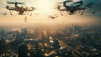 futuristisch Drohne Überwachungen Stadt, schweben Mitte Luft generiert durch ai foto
