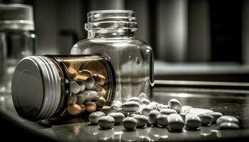 Tabletten verschütten von Krug auf Tisch, Kopfschmerzen Linderung generiert durch ai foto