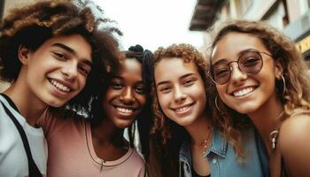 lächelnd freunde im Sommer- Teilen jugendlich Vergnügen generiert durch ai foto