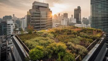 futuristisch Wolkenkratzer reflektieren Stadt Leben beim Sonnenuntergang generiert durch ai foto