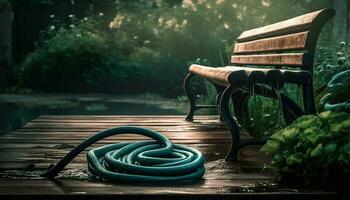 Grün Blätter und Seil schmücken hölzern Tabelle generiert durch ai foto