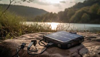 Sonnenuntergang Über Berge, mit Solar- Energie Leistung generiert durch ai foto