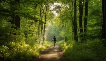 Berg Biker erkunden szenisch Wald Wanderwege draußen generiert durch ai foto