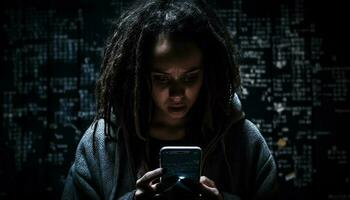jung Frauen suchen beim dunkel Telefon Bildschirm generiert durch ai foto