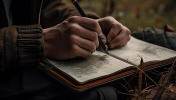 Handschrift auf Buch Buchseite, umgeben durch Natur generiert durch ai foto