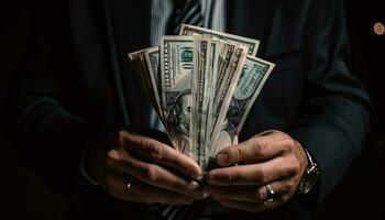 Hand von Geschäftsmann Zählen Geld mit Vertrauen generiert durch ai foto