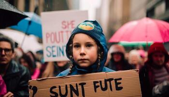 Gruppe von heiter Kinder halten Plakate draußen generiert durch ai foto