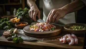 Hand Schneiden frisch Gemüse zum hausgemacht Salat generiert durch ai foto