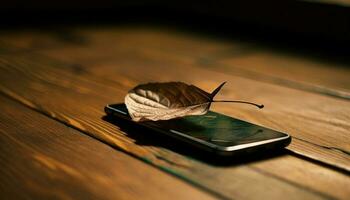 Herbst Holz Planke Tabelle mit Handy, Mobiltelefon Telefon generiert durch ai foto