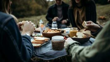 freunde versammelt draußen zum Spaß Grill Abenteuer generiert durch ai foto