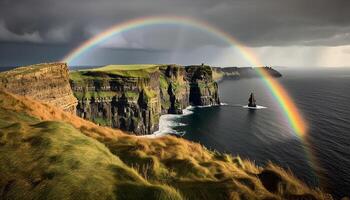 majestätisch Regenbogen Bögen Über Cliff und Küste generiert durch ai foto