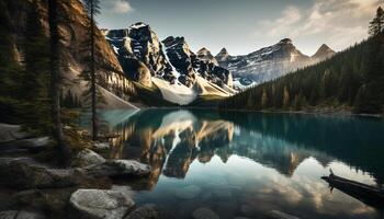 majestätisch Berg Angebot spiegelt im still Wasser generiert durch ai foto