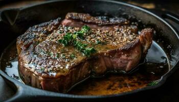 gegrillt Steaks, frisch und Bohnenkraut zum Abendessen generiert durch ai foto