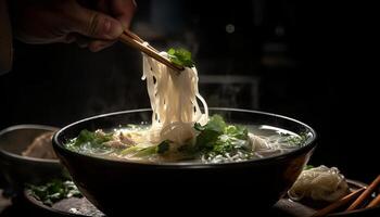 Essstäbchen halt frisch Gemüse Suppe, Osten asiatisch Küche generiert durch ai foto