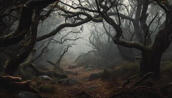 Schönheit im Natur umhüllt durch gespenstisch Nebel generiert durch ai foto