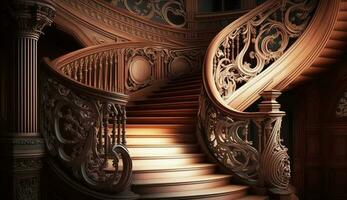 majestätisch Spiral- Treppe Eleganz im bearbeitet Eisen generiert durch ai foto