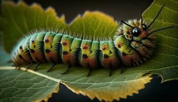 bunt Raupe kriecht auf Grün Blatt generiert durch ai foto