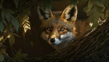 süß rot Fuchs starrt warnen im Wald Laub generiert durch ai foto