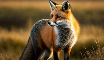 süß rot Fuchs fokussiert auf grasig Vordergrund generiert durch ai foto