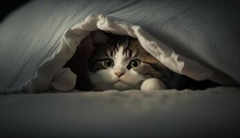 süß Kätzchen Lügen auf Bett genießen sich ausruhen generiert durch ai foto