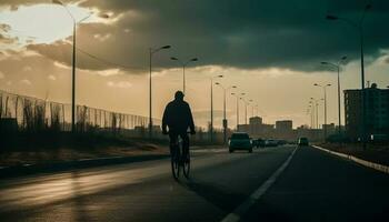 Silhouette Radfahren beim Dämmerung, Stadt Leben Bewegung generiert durch ai foto