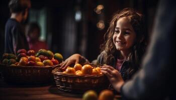 süß Mädchen lächelnd, genießen frisch Obst drinnen zusammen generiert durch ai foto