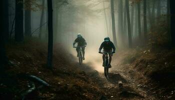 zwei Männer Zyklus durch nebelig Berg Terrain generiert durch ai foto