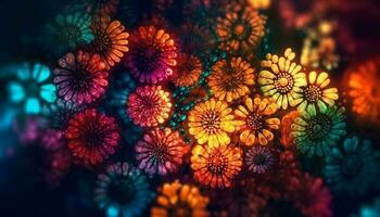 beschwingt Farben erleuchten abstrakt Blume Blütenblätter beim Nacht generiert durch ai foto