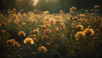 beschwingt Gänseblümchen blühen im still Wiese Sonnenuntergang generiert durch ai foto