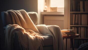 gemütlich modern Leben Zimmer Kopfkissen, Sofa, Buch generiert durch ai foto