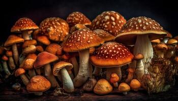 frisch Herbst Wachstum von essbar fliegen Agaric Pilz generiert durch ai foto