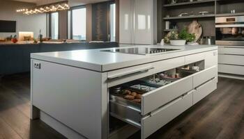 modern Küche Design mit rostfrei Stahl Haushaltsgeräte generiert durch ai foto