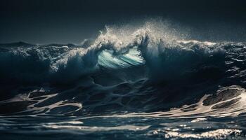 brechen Wellen Absturz, Surfen sprühen im Sonnenlicht generiert durch ai foto