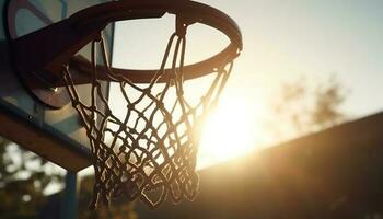 sonnendurchflutet Basketball Band hängend im Natur Hintergrund generiert durch ai foto