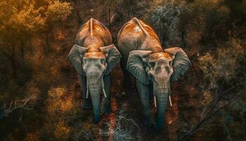 Elefant Herde Gehen durch afrikanisch Sonnenuntergang Landschaft generiert durch ai foto