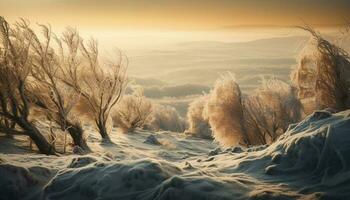 still Sonnenuntergang Über schneebedeckt Berg Landschaft Schönheit generiert durch ai foto