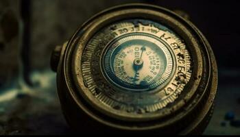 Antiquität Messing- Kompass Führer nach Westen Erkundung Reise generiert durch ai foto