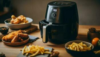 rustikal Mahlzeit auf hölzern Tabelle mit Französisch Fritten generiert durch ai foto