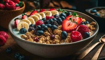 frisch Beeren und Granola machen gesund Frühstück behandeln generiert durch ai foto